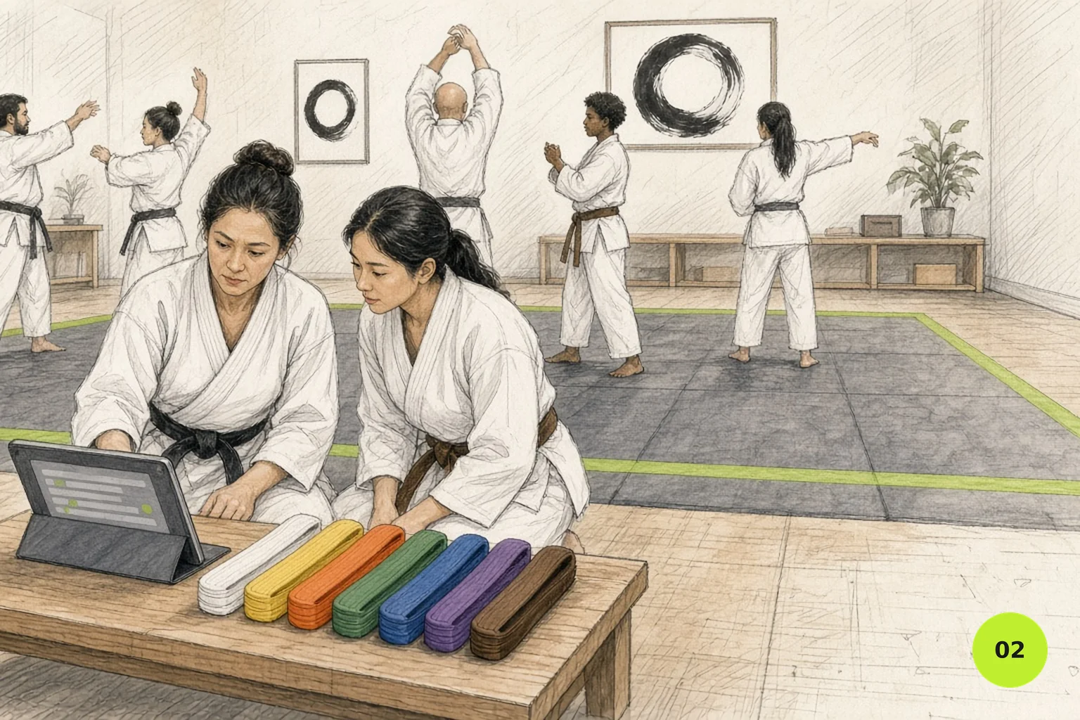 Karate instructor checking which students are ready to grade on a tablet, with folded belts laid out in order
